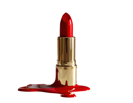 A gold lipstick tube upright amidst a vibrant red spill against a stark black backdrop