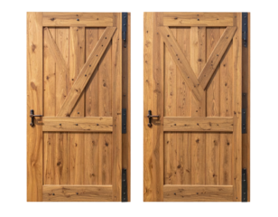 Rustic wooden double doors, featuring diagonal bracing and dark metal hardware