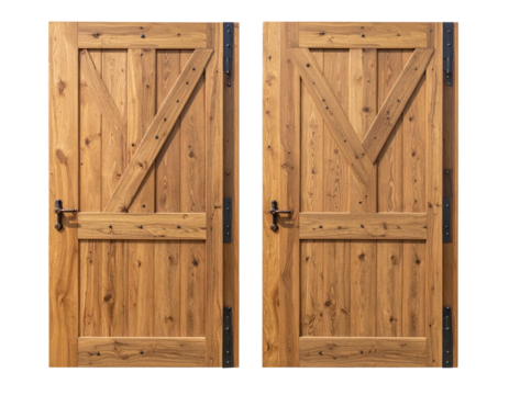 Rustic wooden double doors, featuring diagonal bracing and dark metal hardware