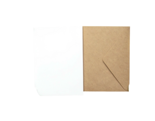 Open white paper beside a closed brown envelope, flat lay, minimalist style on black background