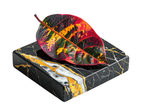Vibrant leaf rests on a luxurious square pedestal with gold veining against a black background