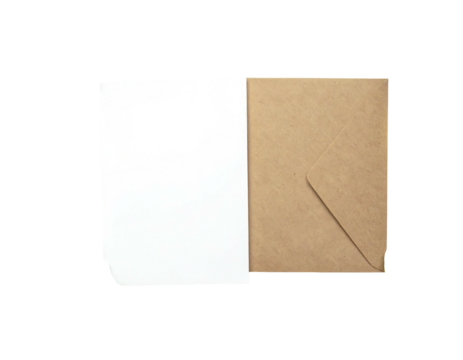 Open white paper beside a closed brown envelope, flat lay, minimalist style on black background