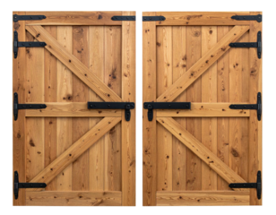 Double wooden doors with diagonal bracing and black hardware against a black background