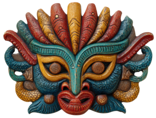 Colorful carved wooden tribal mask with textured paint and expressive features, vibrant cultural art evoking festive emotion