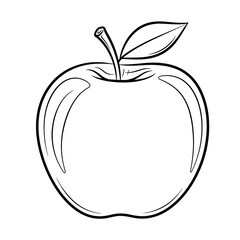 A black and white outline drawing of a fresh, ripe apple with a stem and leaf.
