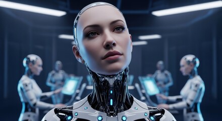 Advanced humanoid robot in futuristic lab setting with multiple androids working on screens