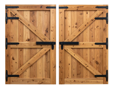 Double wooden doors with diagonal bracing and black hardware against a black background