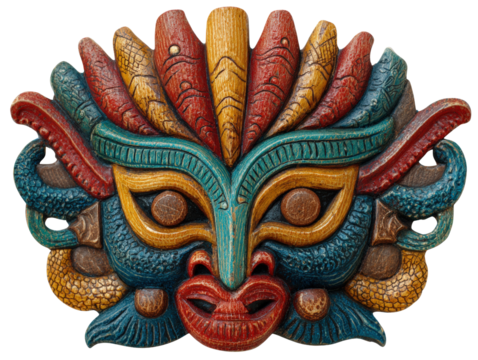 Colorful carved wooden tribal mask with textured paint and expressive features, vibrant cultural art evoking festive emotion