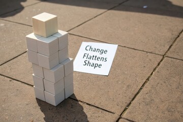 Stacked white cubes illustrating change and flattening of shape