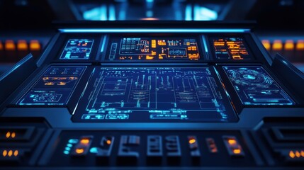 Futuristic control panel displays high-tech interface and glowing graphics in advanced spaceship at night