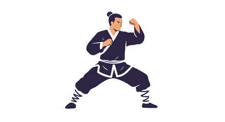 Martial arts master performing dynamic kung fu stance demonstrating strength discipline and traditional combat skills of ancient warrior isolated on white background