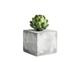 A fresh green artichoke rests atop a rough, grey concrete cube against a stark black backdrop