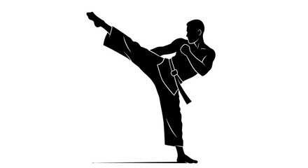 Martial arts silhouette of athlete performing a dynamic high kick dynamic martial arts movement silhouette athlete performing a powerful high kick in studio lighting isolated on white background