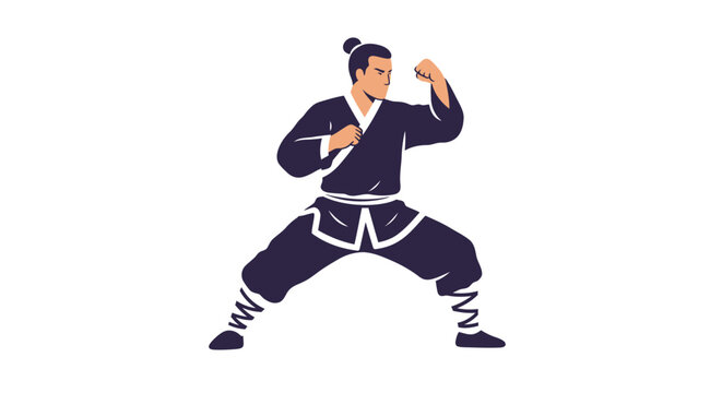 Martial arts master performing dynamic kung fu stance demonstrating strength discipline and traditional combat skills of ancient warrior isolated on white background