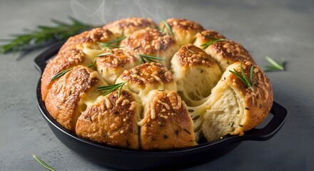 warm cheesy pull apart bread with rosemary steaming hot