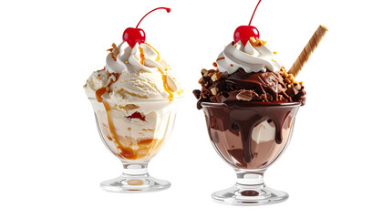 Two Ice Cream Sundaes in Glass Cups – isolated on transparent background