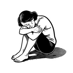 Depressed woman sitting with head on knees, black and white graphic style, isolated on white background, expressing sorrow and emotional pain