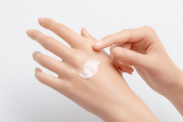 hands applying white moisturizing cream on the back of the hand, clean background, soft natural lighting, skincare product photography