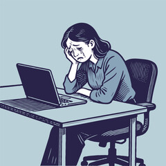Upset woman crying at work desk while looking at laptop, retro comic style, blue background, concept of stress, burnout, or emotional distress