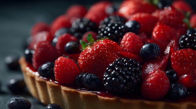 A vibrant and delicious mixed berry fruit tart showcasing fresh strawberries blueberries raspberries and blackberries on a golden pastry crust