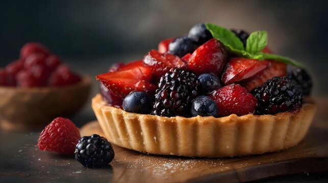 A delicious berry tart with fresh strawberries blueberries and blackberries garnished with mint on a rustic wooden board