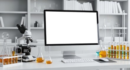 Modern laboratory workspace with a microscope and glassware filled with colorful liquids on a clean desk