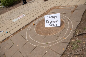 White sign displaying message about changing circles on a paved path