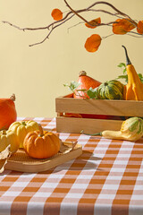 Checkered autumn table scene with pumpkins, basket, and orange leaves. Perfect cozy still life for Thanksgiving and fall lifestyle imagery.