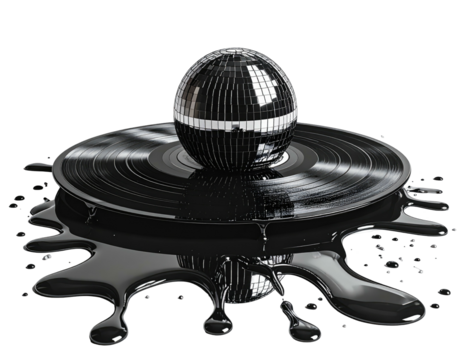 Shiny mirrored orb resting on a vinyl record, with a black glossy, liquid-like spill
