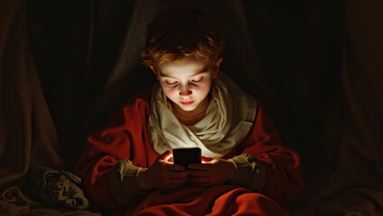 Classic renaissance Style painting Portrait of Boy Using Phone at Night-surrealism