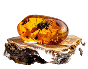 An insect trapped in clear, golden amber resting atop a piece of tree bark