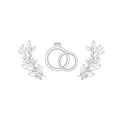 Elegant Wedding Rings with Floral Accents Line Art Illustration.