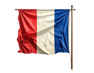 A textured, vertical French flag blowing in the wind on a wooden pole, isolated on black