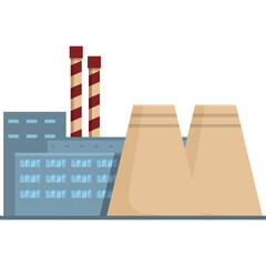 Industrial Factory Building With Tall Cooling Towers and Two Smokestacks Against a White Background...