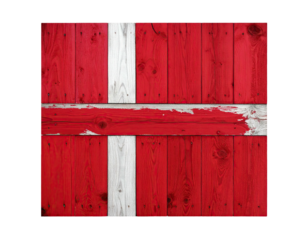 Vertical wooden planks painted red with a white centered cross, showing a weathered appearance