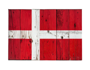 Image of a flag with a white cross on a red background, resembling a wooden plank