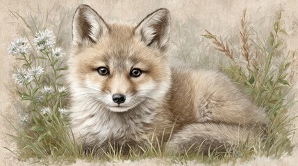 Obraz premium Red Fox Kit Among Wildflowers Soft Focus Wildlife Portrait