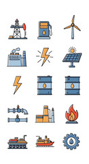 Energy Sources and Industry Icons Set - Oil, Gas, Wind, Solar, and Power.
