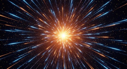 Bright explosion of light with colorful rays radiating from the center against a dark background