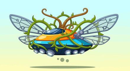 Fantasy Flying Machine with Insect Wings and Plant Vines Illustration.