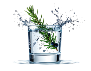 A refreshing cocktail of clear liquid with splash, rosemary, and berries, isolated on black