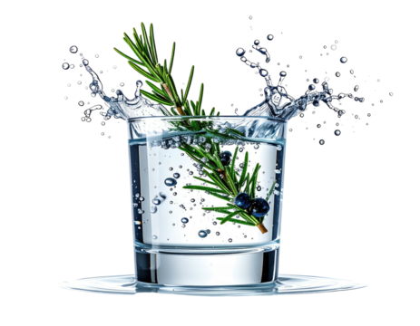 A refreshing cocktail of clear liquid with splash, rosemary, and berries, isolated on black