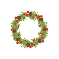 Festive Christmas Wreath with Berries and Pine Cones Illustration.