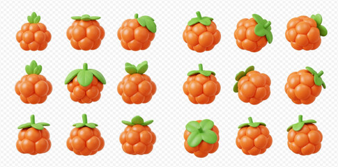 A collection of stylized orange raspberries with green leaves on a transparent background.