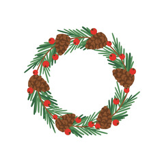 Festive Christmas Wreath with Pine Cones and Red Berries.