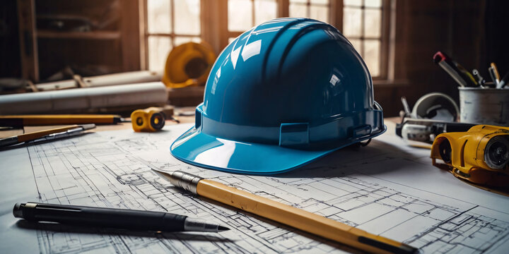 A blue hard hat rests on architectural blueprints, surrounded by various drafting tools on a desk, symbolizing construction and engineering work - Powered by Adobe
