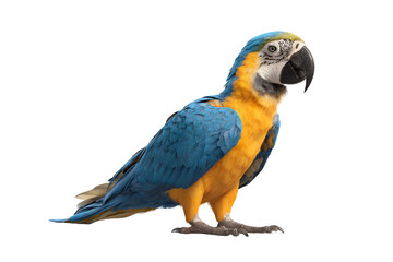 Magnificent macaw parrot showcasing blue and golden plumage posing in a full shot displaying its exotic feathers standing majestic presenting vivid avian beauty as a pet