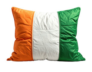 A rectangular, colorful cushion displays vertical stripes of orange, white, and green