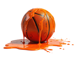 An orange basketball covered in bright orange paint, isolated against a black background