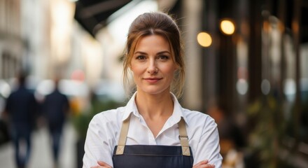 Confident cafe owner stands proudly outside her bustling cafe in a vibrant city street during afternoon hours